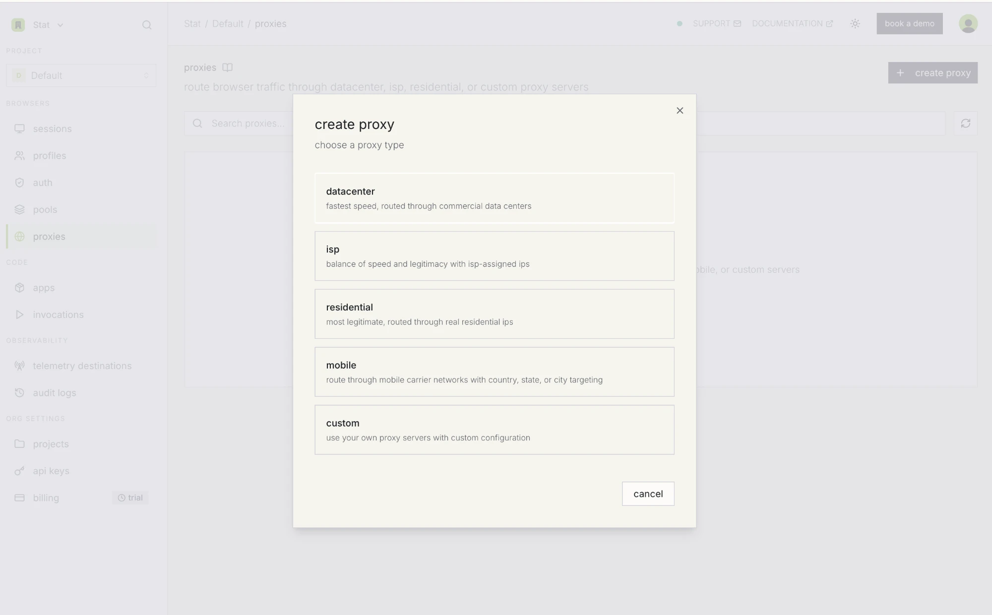 Kernel's create proxy dialog asking you to choose a proxy type: datacenter, isp, residential, mobile, or custom