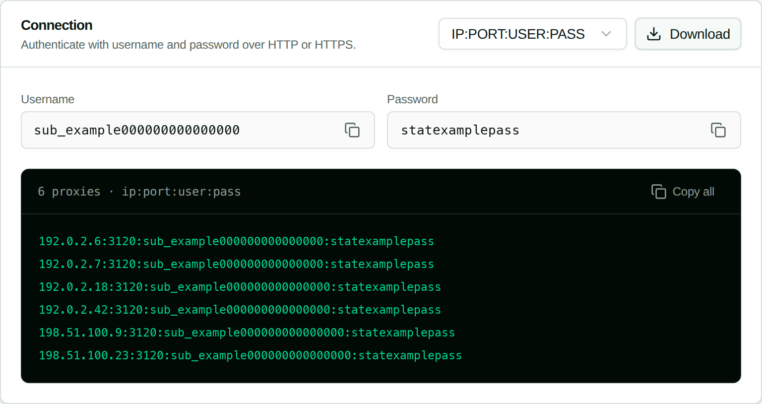 The Connection panel in the Stat Proxies dashboard, showing username, password, and a list of six proxies in IP:PORT:USER:PASS format